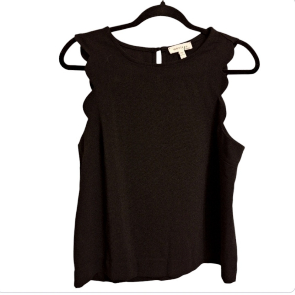 ❤️Cropped Top Monteau LA Women's Size: Large Black Tank Scalloped Short-Sleeved
